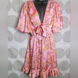 DELFI COLLECTIVE Pink Sade Mini Dress Paisley Print Tie Front V-Neck Sz L